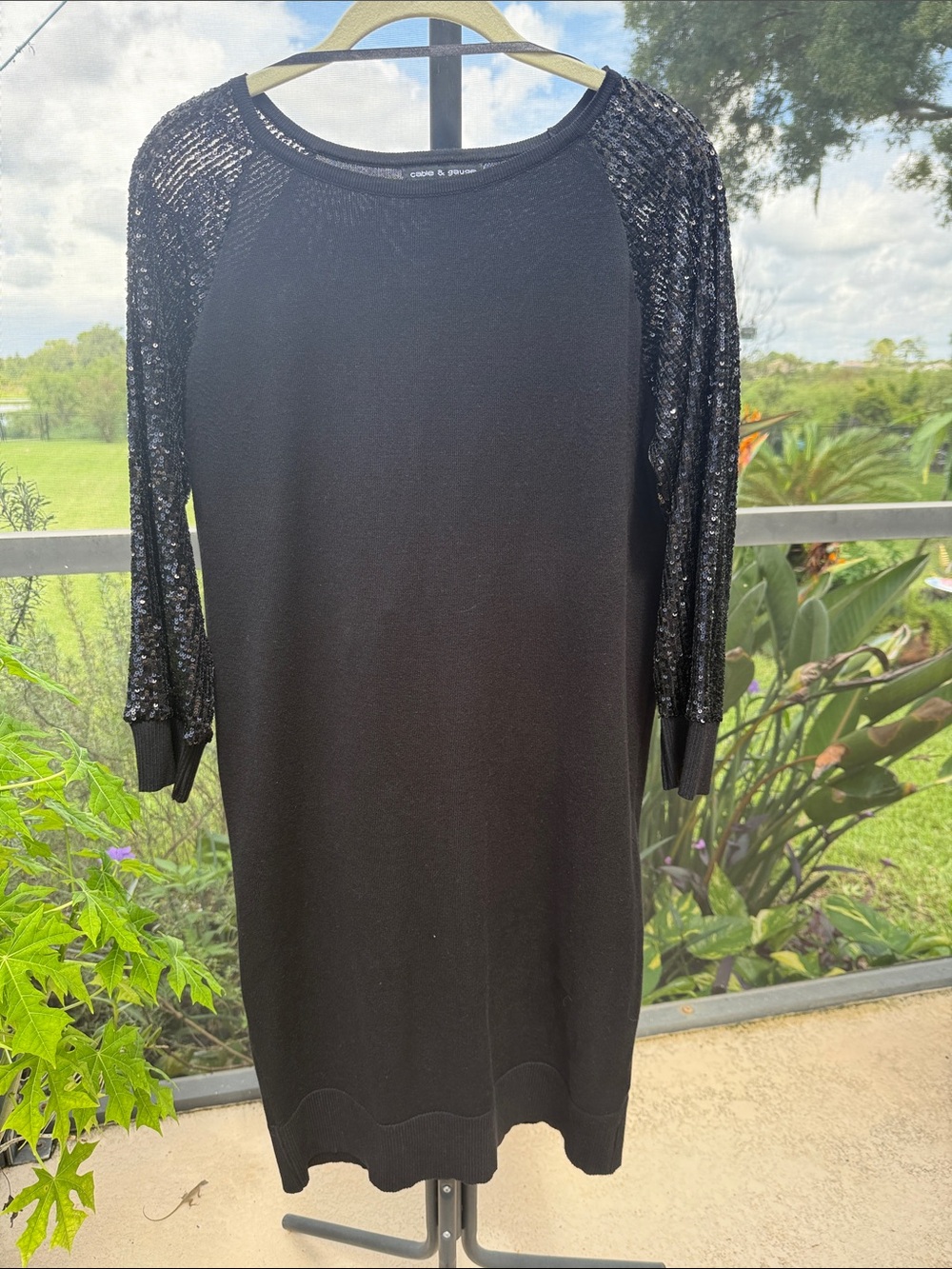 Cable & Gauge Black Dress with Sequin Raglan Sleeves